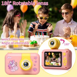 Kids Camera,2.4in IPS Screen Digital Camera,180°Flip Lens Camera,Children Selfie Camera with Playback Game,Christmas/Birthday Gift for 4 5 6 7 8 9 10 11 Year Old Girl Boy (Pink)
