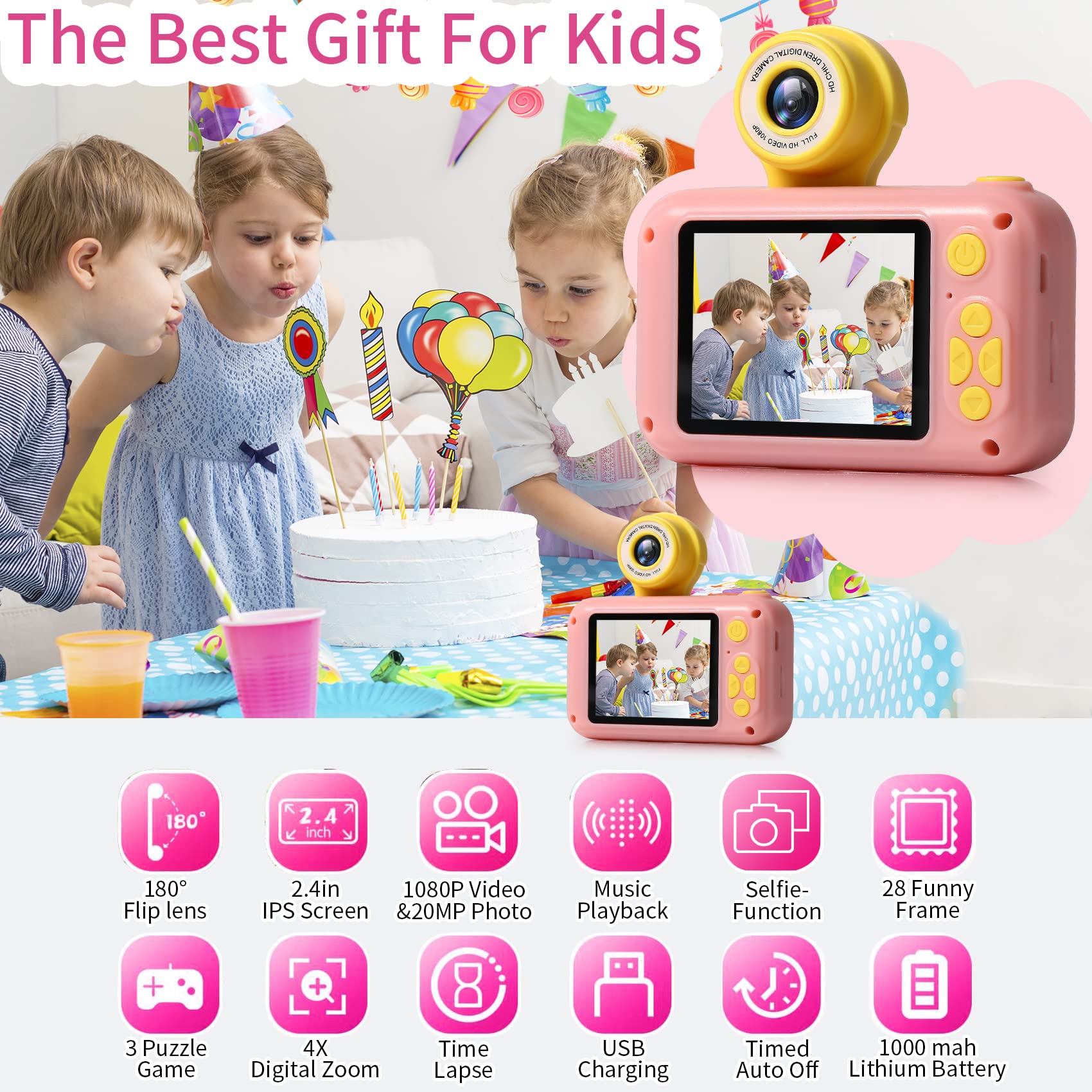 Kids Camera,2.4in IPS Screen Digital Camera,180°Flip Lens Camera,Children Selfie Camera with Playback Game,Christmas/Birthday Gift for 4 5 6 7 8 9 10 11 Year Old Girl Boy (Pink)