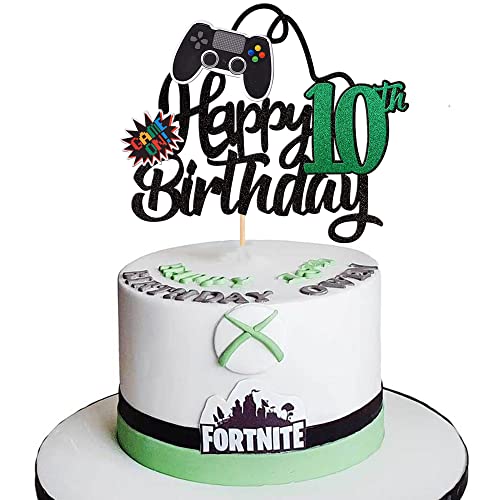 1 PCS Video Game Happy 10th Birthday Cake Topper Glitter Video Game Cake Pick Game On Controllers Ten Cheers to 10 Years Cake Decoration for Happy 10th Birthday Party Supplies Green