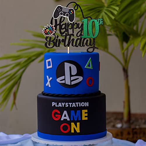 1 PCS Video Game Happy 10th Birthday Cake Topper Glitter Video Game Cake Pick Game On Controllers Ten Cheers to 10 Years Cake Decoration for Happy 10th Birthday Party Supplies Green