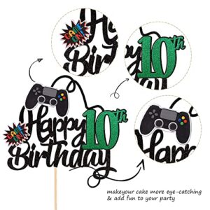 1 PCS Video Game Happy 10th Birthday Cake Topper Glitter Video Game Cake Pick Game On Controllers Ten Cheers to 10 Years Cake Decoration for Happy 10th Birthday Party Supplies Green