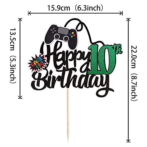 1 PCS Video Game Happy 10th Birthday Cake Topper Glitter Video Game Cake Pick Game On Controllers Ten Cheers to 10 Years Cake Decoration for Happy 10th Birthday Party Supplies Green