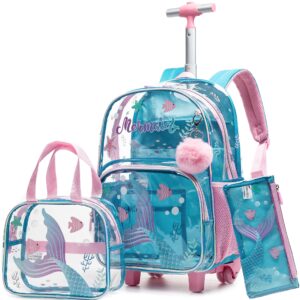 mermaid rolling backpack for girls backpack with wheels for elementary kindergarten roller backpack on wheels with lunch box pencil case for kids