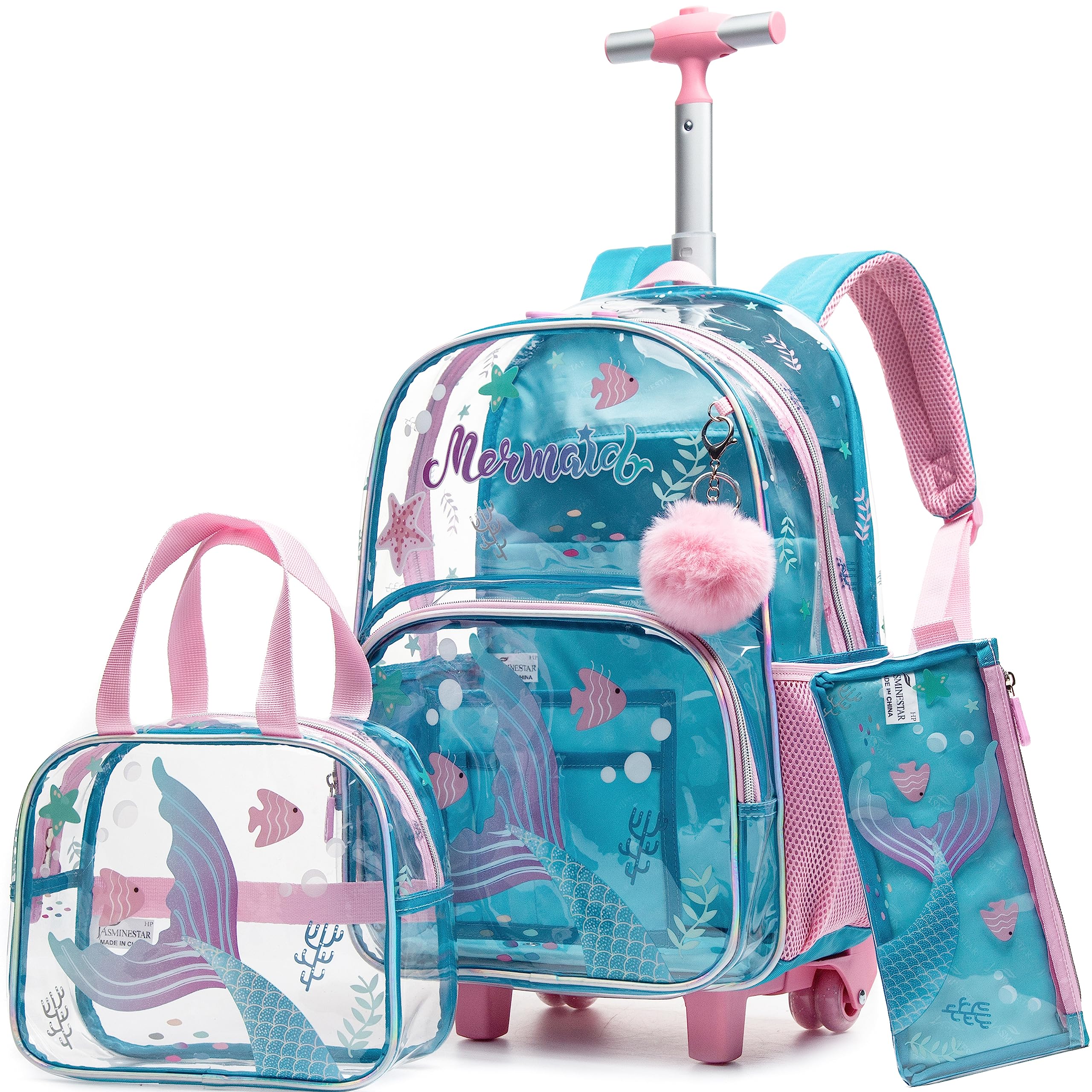 Mermaid Rolling Backpack for Girls Backpack with Wheels for Elementary Kindergarten Roller Backpack on Wheels with Lunch Box Pencil Case for Kids