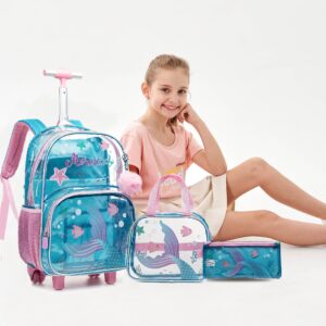 Mermaid Rolling Backpack for Girls Backpack with Wheels for Elementary Kindergarten Roller Backpack on Wheels with Lunch Box Pencil Case for Kids