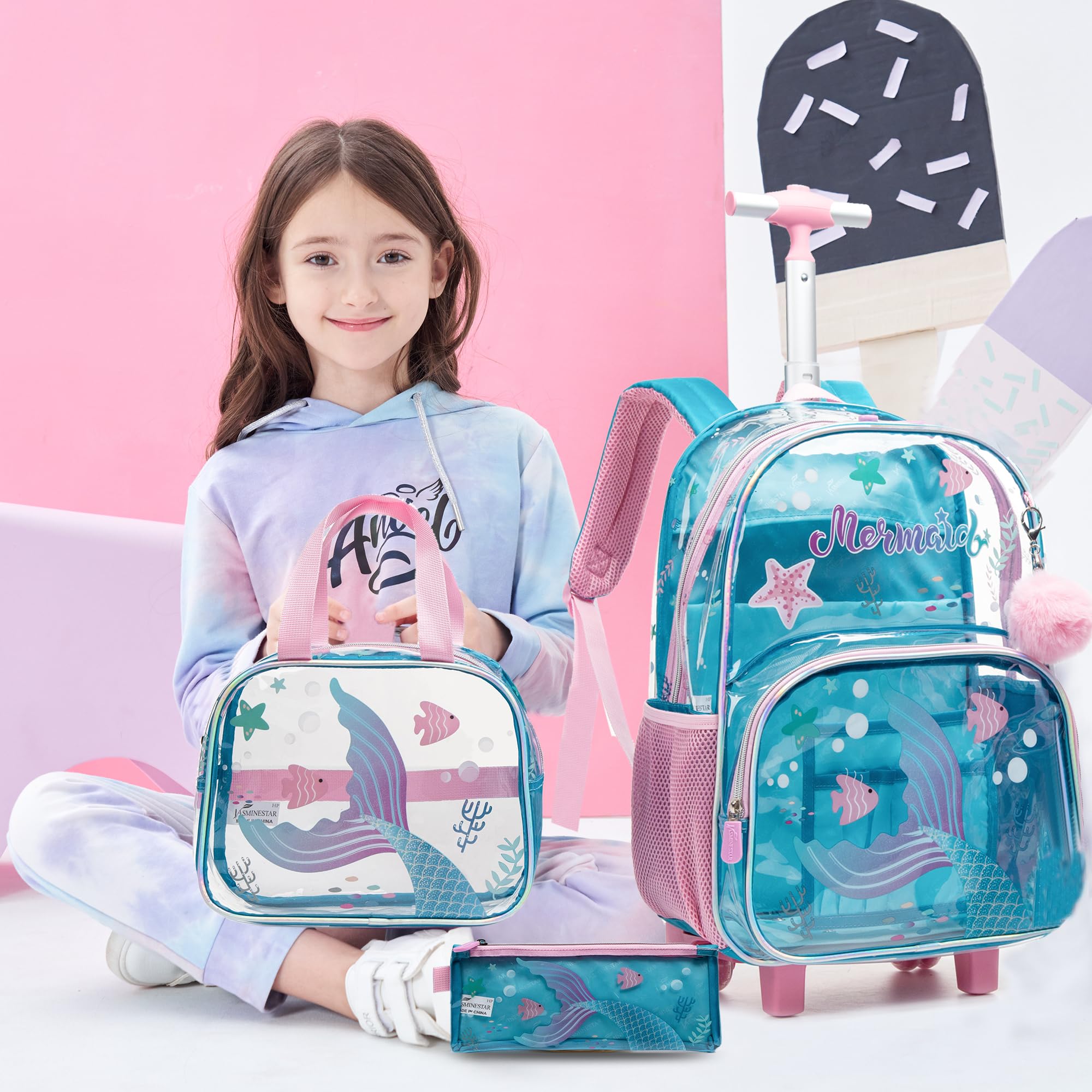 Mermaid Rolling Backpack for Girls Backpack with Wheels for Elementary Kindergarten Roller Backpack on Wheels with Lunch Box Pencil Case for Kids