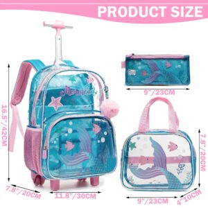 Mermaid Rolling Backpack for Girls Backpack with Wheels for Elementary Kindergarten Roller Backpack on Wheels with Lunch Box Pencil Case for Kids