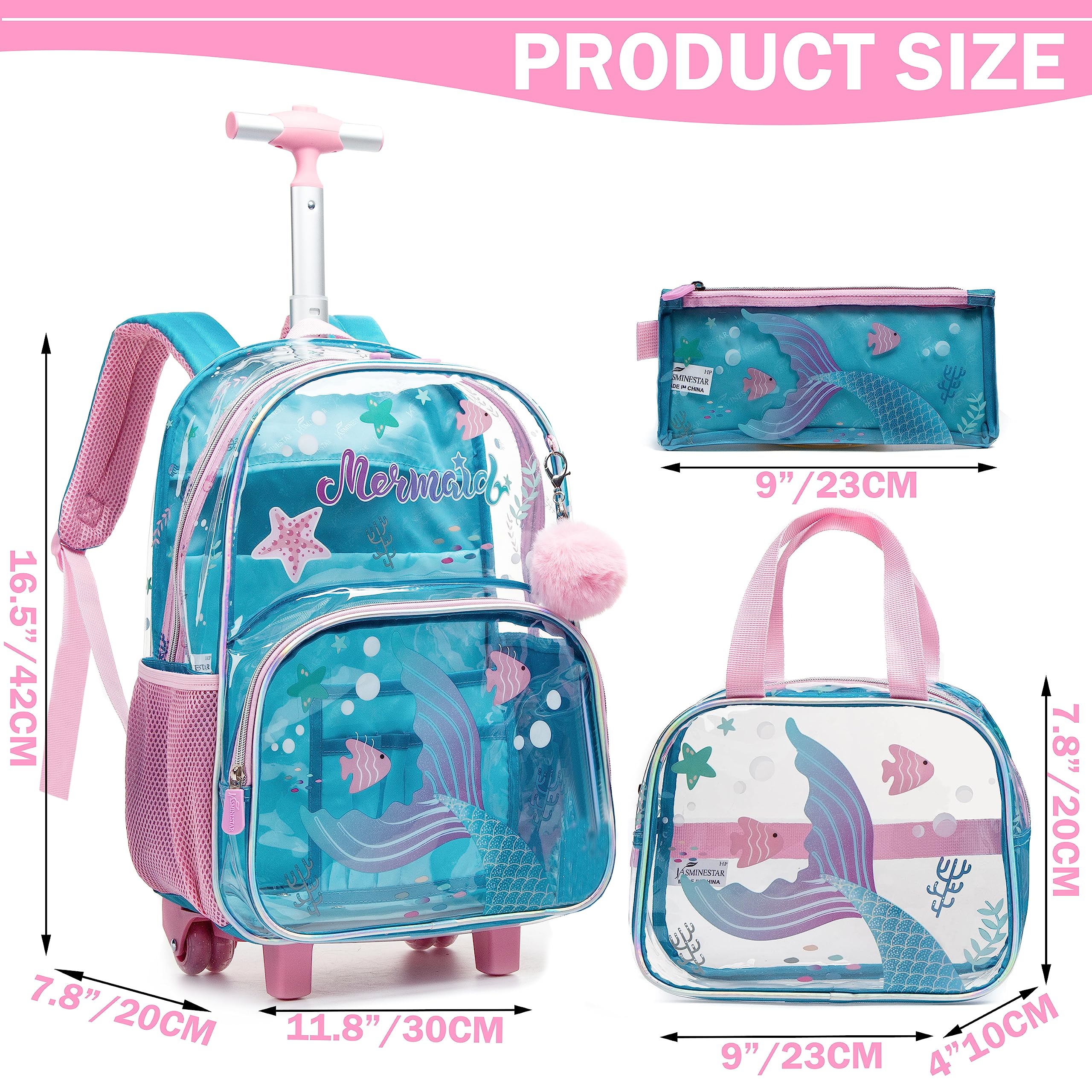 Mermaid Rolling Backpack for Girls Backpack with Wheels for Elementary Kindergarten Roller Backpack on Wheels with Lunch Box Pencil Case for Kids