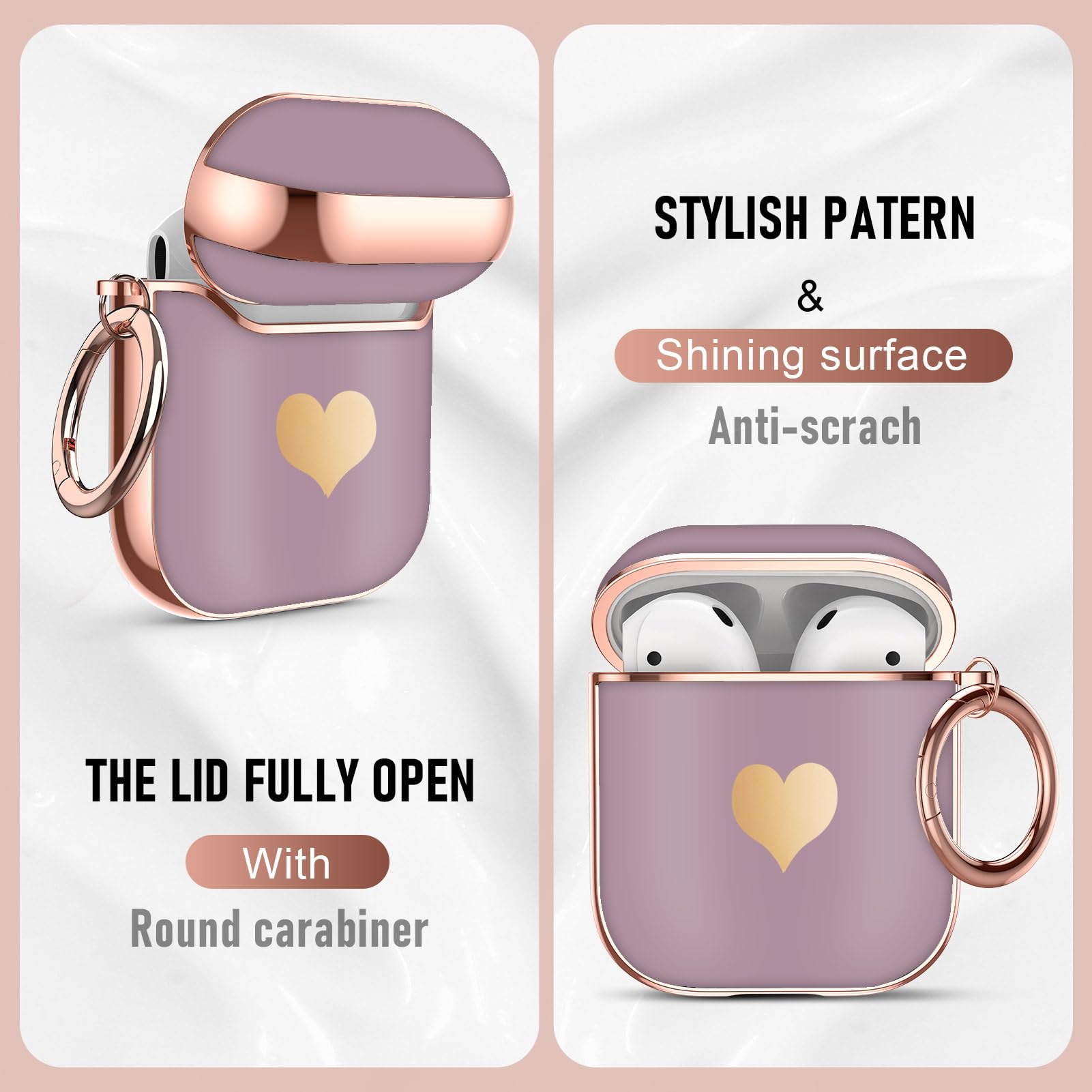 Maxjoy Compatible with Airpods Case,for Airpods 2nd Generation Case Cute Electroplating with Gold Heart Pattern with Lanyard Shockproof Cover for Girls Woman Airpods 2 &11-Light Purple