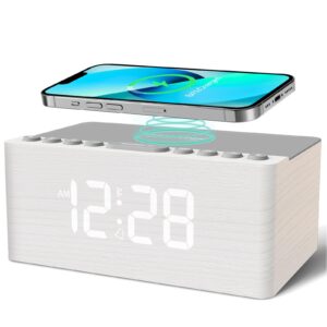 anjank wooden sound machine alarm clock for bedroom, bluetooth speaker, wireless charging station for iphone/samsung, sleep timer, 0-100% dimmer, white noise machine for sleeping adults with 20 sounds