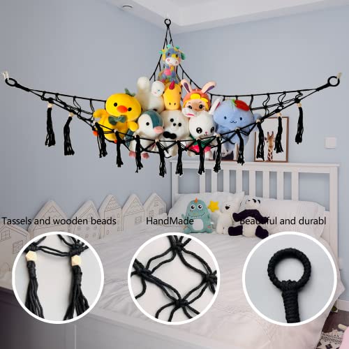 QCLILUA Boho Stuffed Animal Net or Hammock, Toy Hammock, Stuffed Animal Storage or Holder, Hanging in The Corner, 55" x 41" x 41" (Black)