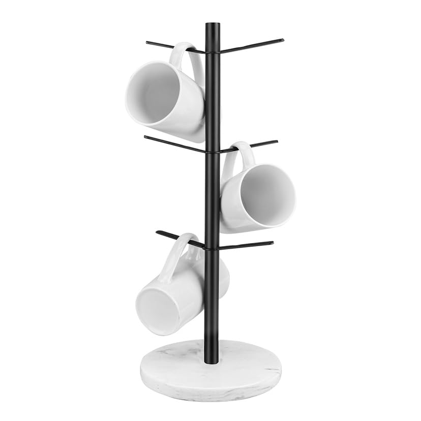 RIKBVOM Marble Mug Holder Tree, Coffee Cup Holder with 6 Hooks, Upgraded Stable Metal Coffee Mug Holder Mug Tree Stand Display Rack for Counter Kitchen Cabinet, Coffee Bar Accessories, Cafe Organizer