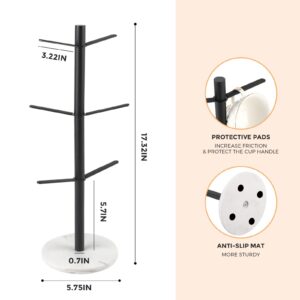 RIKBVOM Marble Mug Holder Tree, Coffee Cup Holder with 6 Hooks, Upgraded Stable Metal Coffee Mug Holder Mug Tree Stand Display Rack for Counter Kitchen Cabinet, Coffee Bar Accessories, Cafe Organizer