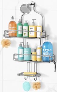 hamitor adjustable large shower organizer with soap holder - rust proof bathroom shelf shampoo storage rack with 3-tier baskets - 4 movable hooks for razor loofah silver
