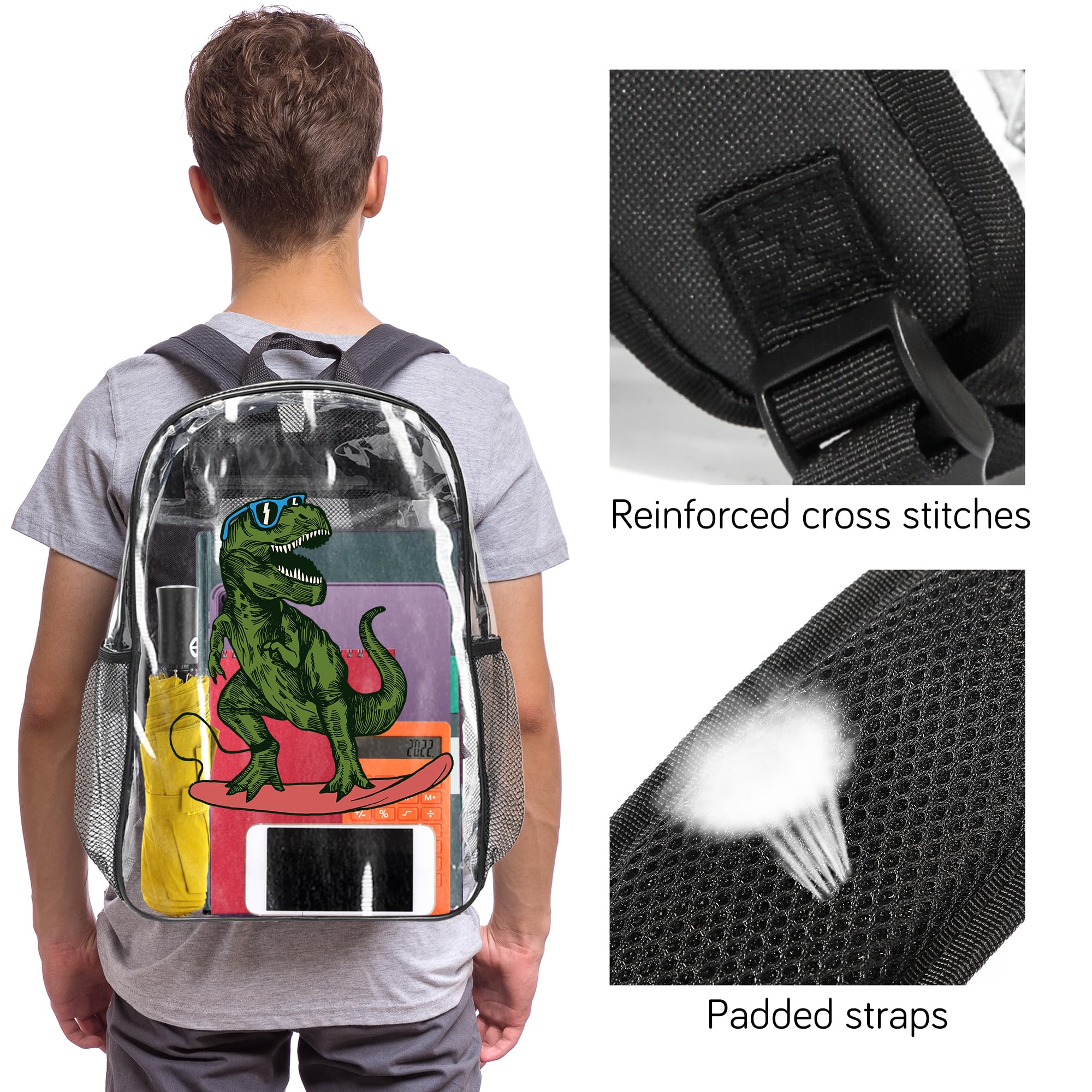 Gtonpum Clear Backpack for School, Heavy Duty PVC Transparent Bookbag Backpacks for Boys Adults Kids, See Through Backpack with Padded Straps for Security, College, Work, Concert, 17 IN (Dinosaur)