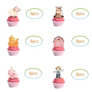 48Pcs Pink Farm Animal Party Cupcake Toppers for Girls Farm Animal Birthday Party Decorations Farm Animal Baby Shower Party Supplies