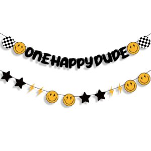 Crowye 28 Pcs One Happy Dude Birthday Decorations One Happy Dude 1st Birthday Banner Smile Face Hippie Happy First Birthday Banner for Baby Shower Birthday Party Decoration Supplies