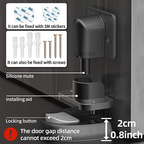 Evka Windproof Door Stopper with Locking Function, Noiseless Floor Door Stop with Adhesive Tapes for No Drilling and Screws for Stronger Mount. (Black, 1pcs)