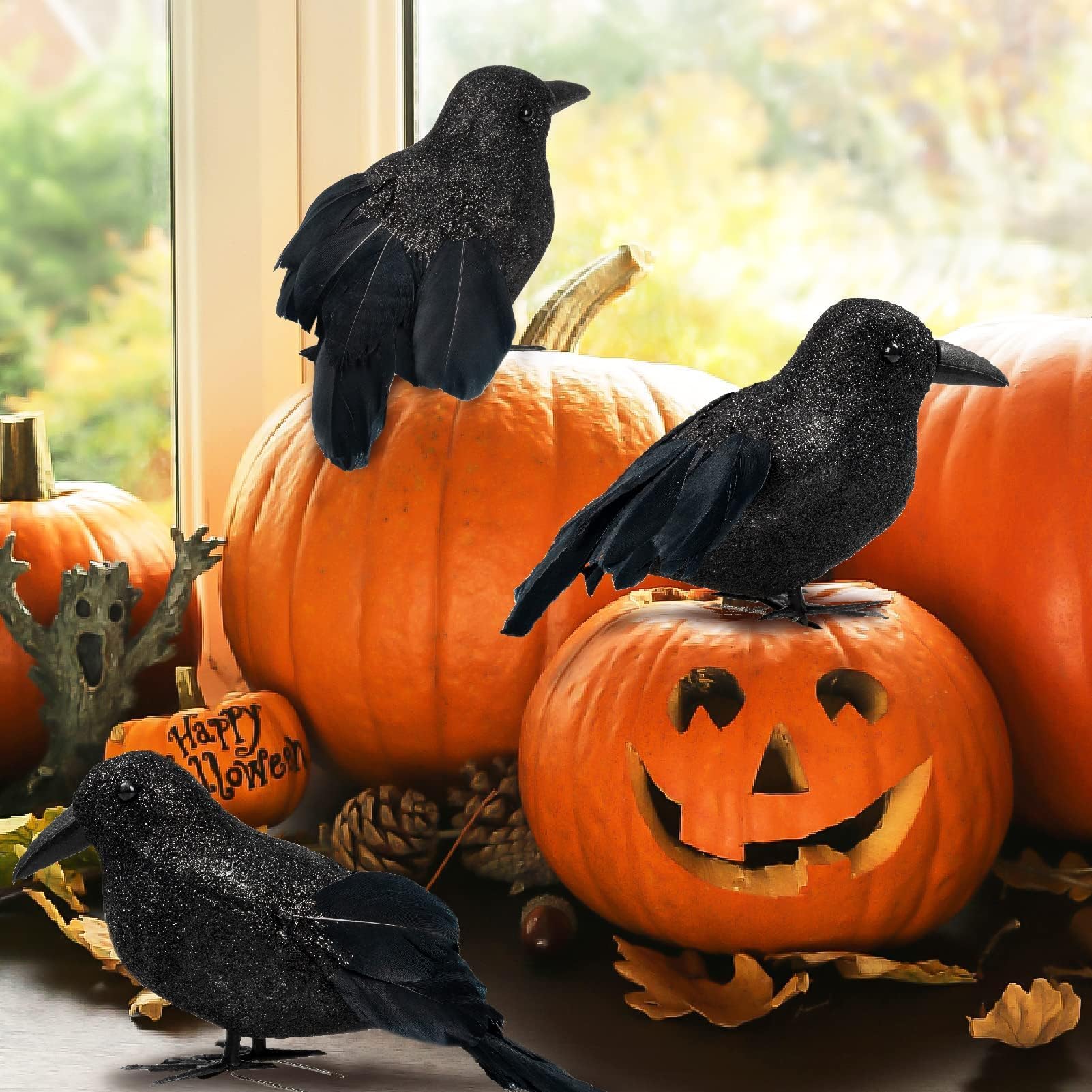 kockuu Crows Halloween Decorations - 6Pcs Halloween Crows Raven Black Birds Glitter Feathered Decor for Halloween Home Tree Garden Yard Indoor Outdoor Decorations