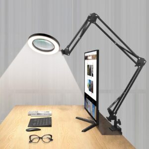 magnifying glass desk lamp with 3-section swing arm and big clamp, magnifying glass with light and clamp, 8x wide desk magnifier light for reading/office/soldering/nail beauty