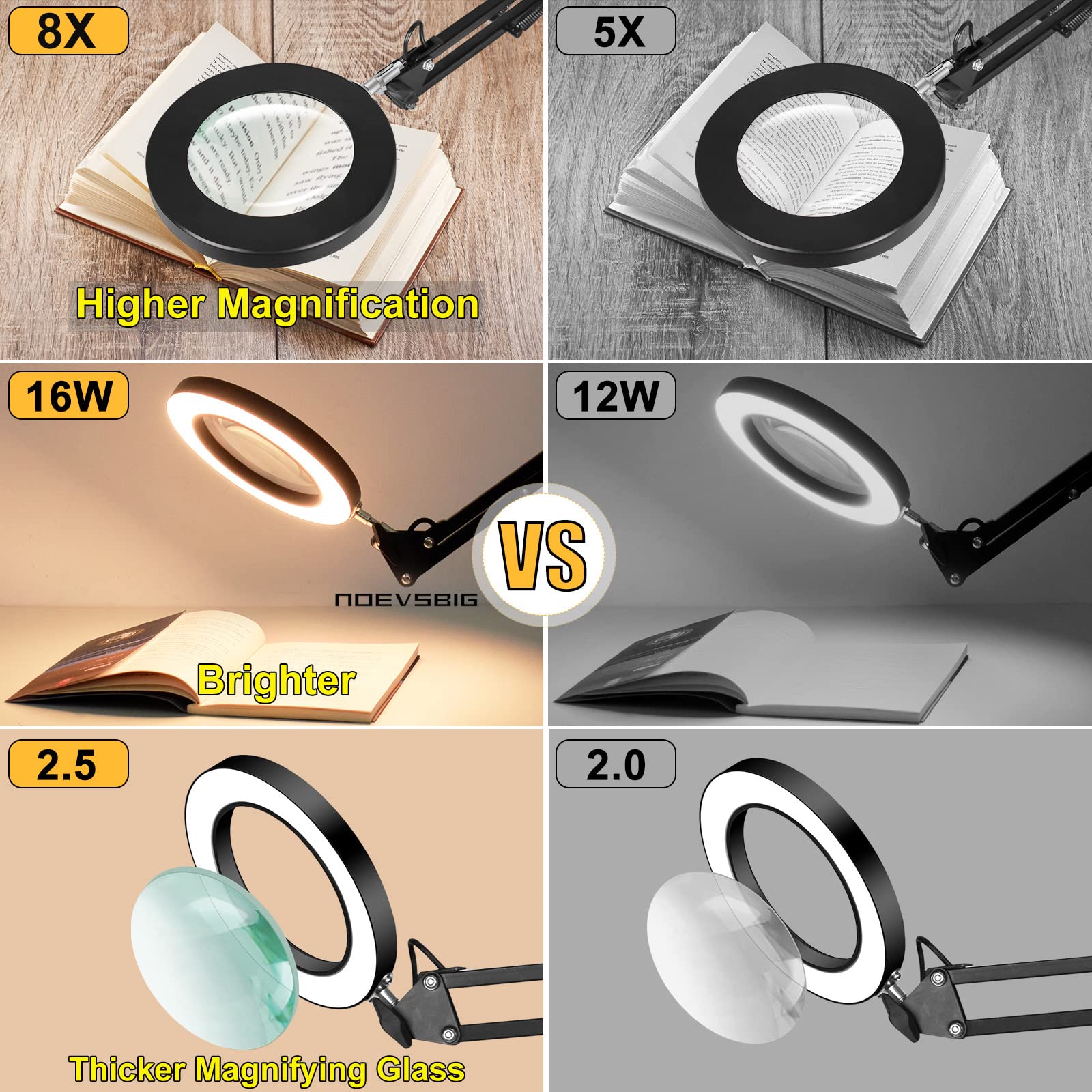 Magnifying Glass Desk Lamp with 3-Section Swing Arm and Big Clamp, Magnifying Glass with Light and Clamp, 8X Wide Desk Magnifier Light for Reading/Office/Soldering/Nail Beauty