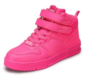 lucky step women's high top fashion sneakers basketball ankle boots walking tennis shoes platform hook and loop casual faux leather sneaker(hot pink,8b(m) us)