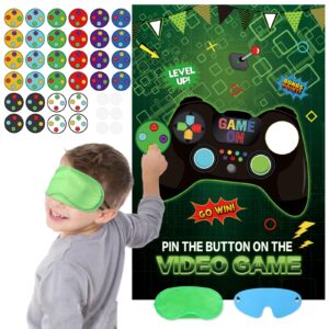 waenerec pin the button on the video game with 32pcs video game stickers 20’’ x 28’’ video game party favors poster for kids wall home room video game birthday party decorations supplies