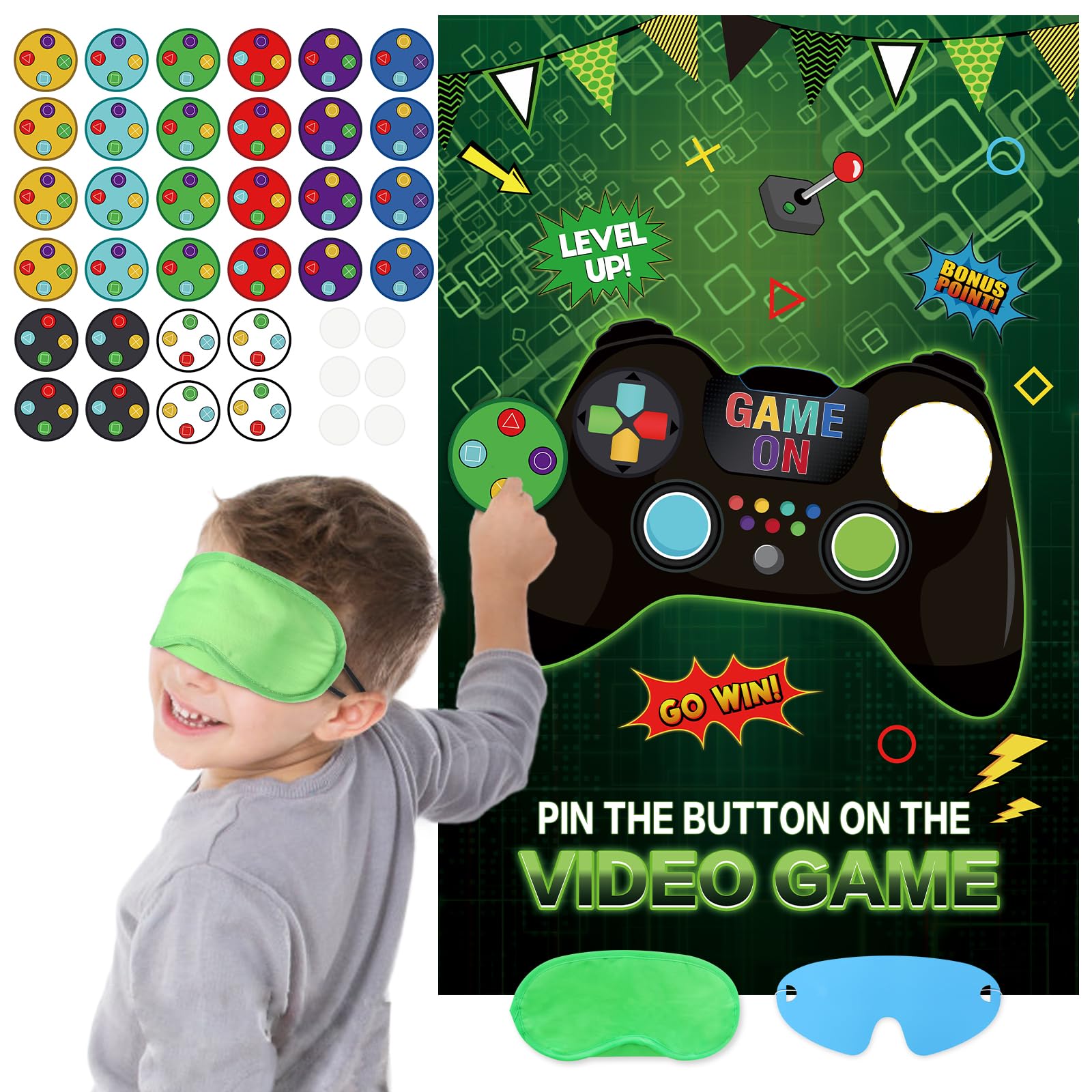 Waenerec Pin The Button on The Video Game with 32PCS Video Game Stickers 20’’ X 28’’ Video Game Party Favors Poster for Kids Wall Home Room Video Game Birthday Party Decorations Supplies