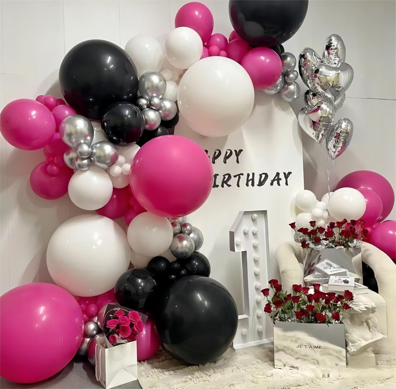 130pcs Hot Pink Balloons Garlands Kit, 18" 12" 10" 5" Different Sizes Pack Pink Latex Balloon Arch for Birthday Baby Shower Wedding Gender Reveal Party Decorations(With 2 Ribbons)