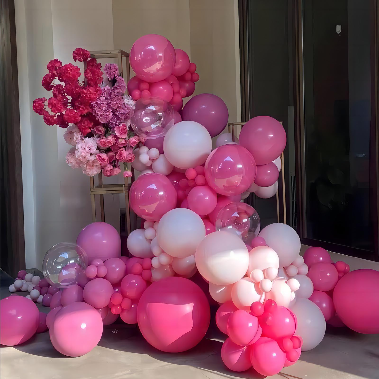 130pcs Hot Pink Balloons Garlands Kit, 18" 12" 10" 5" Different Sizes Pack Pink Latex Balloon Arch for Birthday Baby Shower Wedding Gender Reveal Party Decorations(With 2 Ribbons)