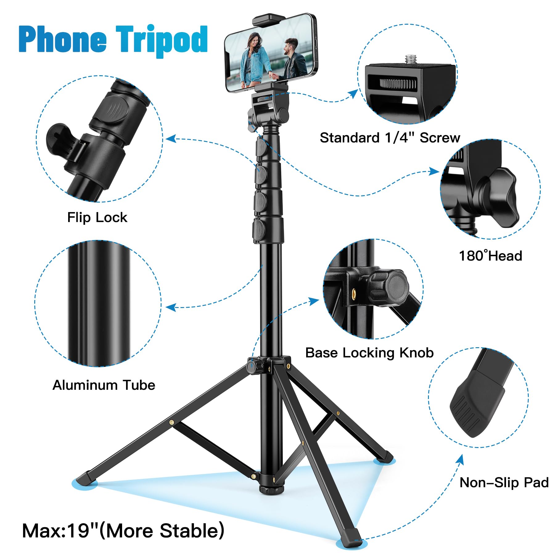 Phone Tripod, 70" Tripod Stand for Phone & Camera, Phone Tripod Stand with Remote and Phone Holder, Cell Phone Tripod for Recording/Vlogging/Live Streaming, Compatible with iPhone & GoPro