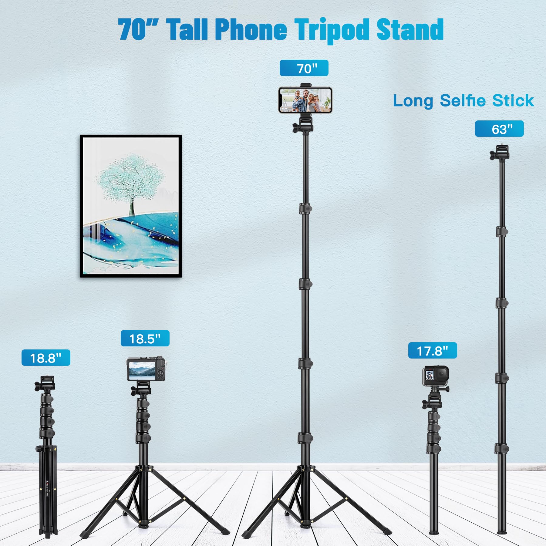 Phone Tripod, 70" Tripod Stand for Phone & Camera, Phone Tripod Stand with Remote and Phone Holder, Cell Phone Tripod for Recording/Vlogging/Live Streaming, Compatible with iPhone & GoPro