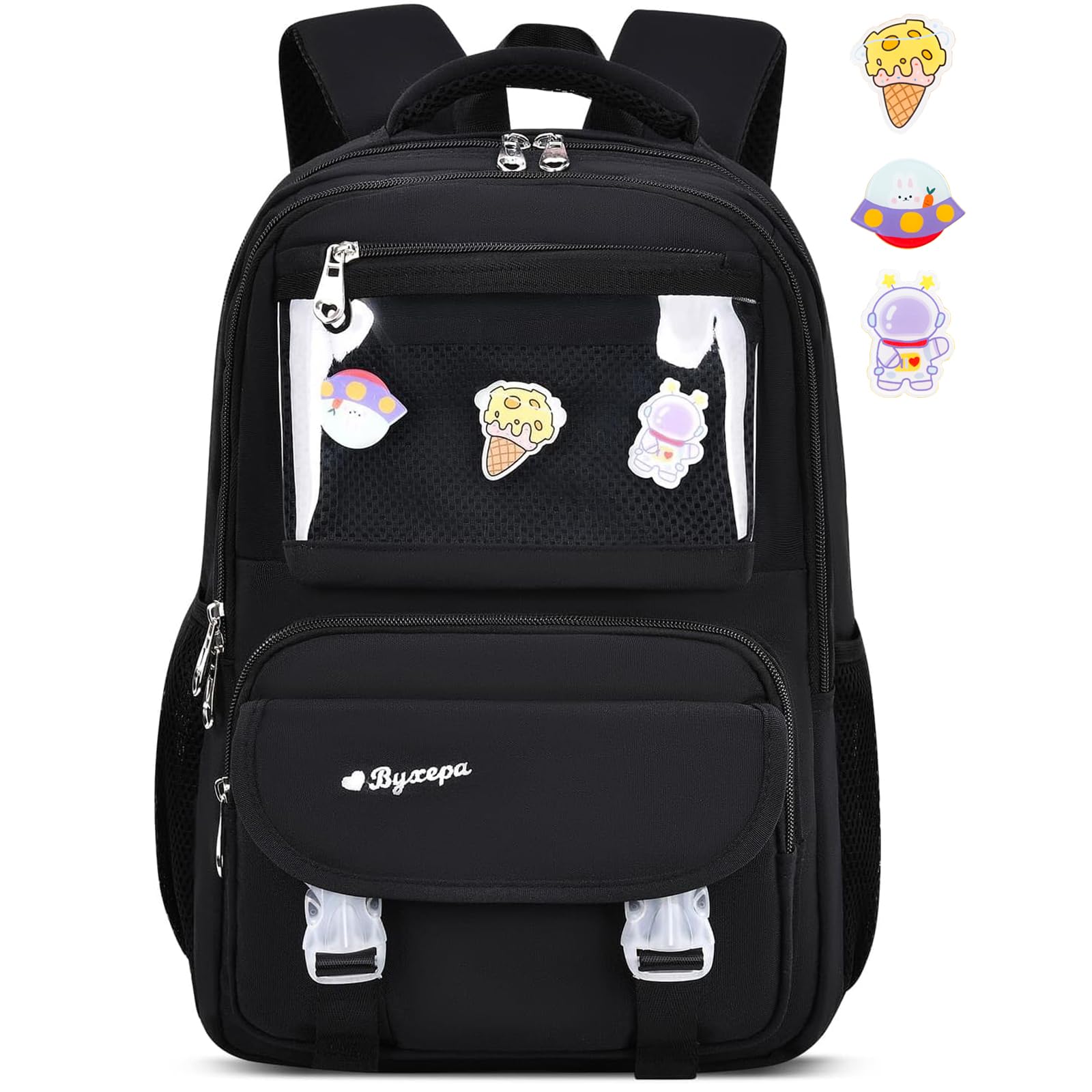 Girls Backpack, Kawaii Kids School Backpacks with Cute Pin Accessories for Girls, Cute Book Bag with Compartments for Teen Girl Kid Students Elementary Middle School, Kids' School Bag, 16in(Black)