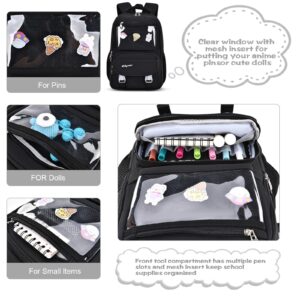 Girls Backpack, Kawaii Kids School Backpacks with Cute Pin Accessories for Girls, Cute Book Bag with Compartments for Teen Girl Kid Students Elementary Middle School, Kids' School Bag, 16in(Black)