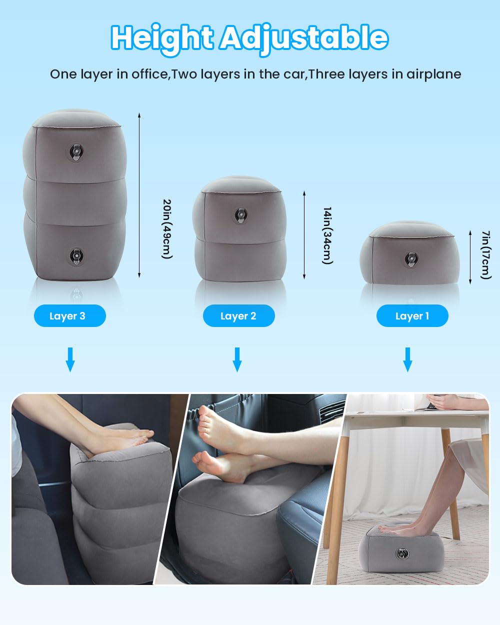 Inflatable Foot Rest for Air Travel - Airplane Foot Rest Adjustable Height Leg Pillow for Kids & Adults on Plane, Car, Train, Office and Home (1 PCS)