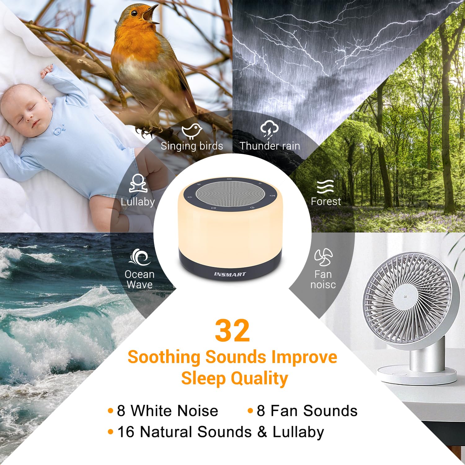 INSMART White Noise Machine, Sleep Aid Sound Machine with 8 Colors Night Lights for Baby Kid Adult, 32 Soothing Sounds 5 Timer Memory Function Full Touch Metal Grille for Office Travel Gift, Plug in