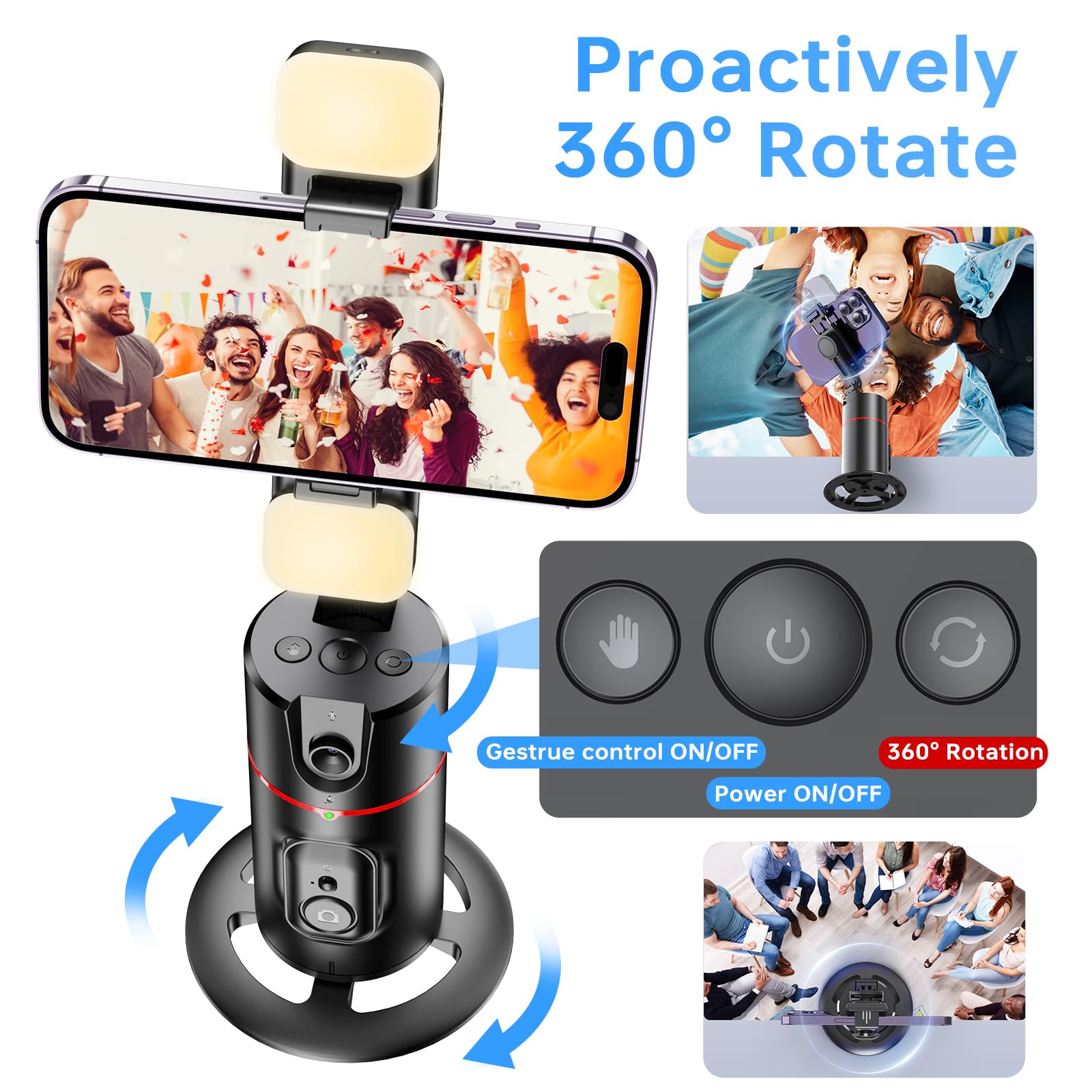 Auto Face Tracking Tripod with Rechargeable Fill Light with 6 Levels of Brightness, 360° Rotation Face Body Phone Camera Mount Gesture Control, Smart Shooting Holder for Vlog, Streaming, Video, Tiktok
