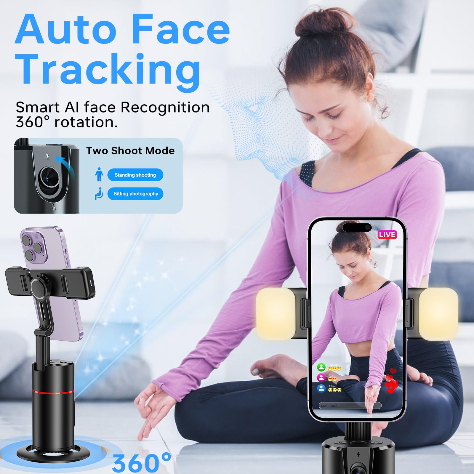 Auto Face Tracking Tripod with Rechargeable Fill Light with 6 Levels of Brightness, 360° Rotation Face Body Phone Camera Mount Gesture Control, Smart Shooting Holder for Vlog, Streaming, Video, Tiktok