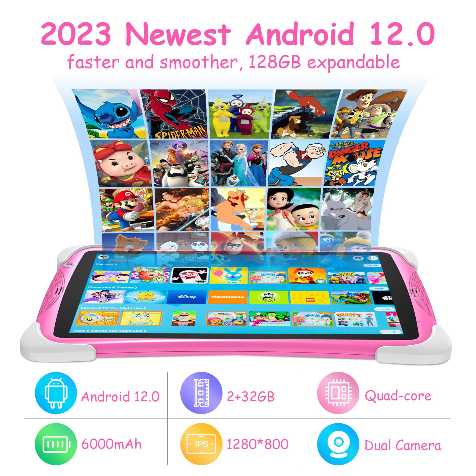 Kids Tablet, 10 Inch Tablet for Kids, Android 12, Parental Control, Kid Content Pre-Installed, 2GB 32GB(SD to 128GB), 6000 mAh Battery, Eye Protection Mode, Google Store, with Stand, Pink