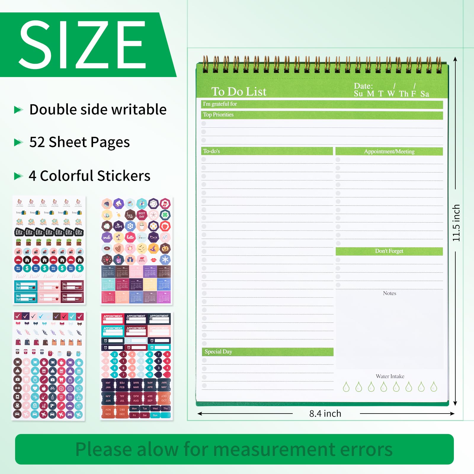 Smliekate To Do List Notepad, Undated To Do List Notebook, 52 Sheets (11.5" x 8.4") Spiral Bound Tear Off Daily Planner Student Planner and Work Planner - Green