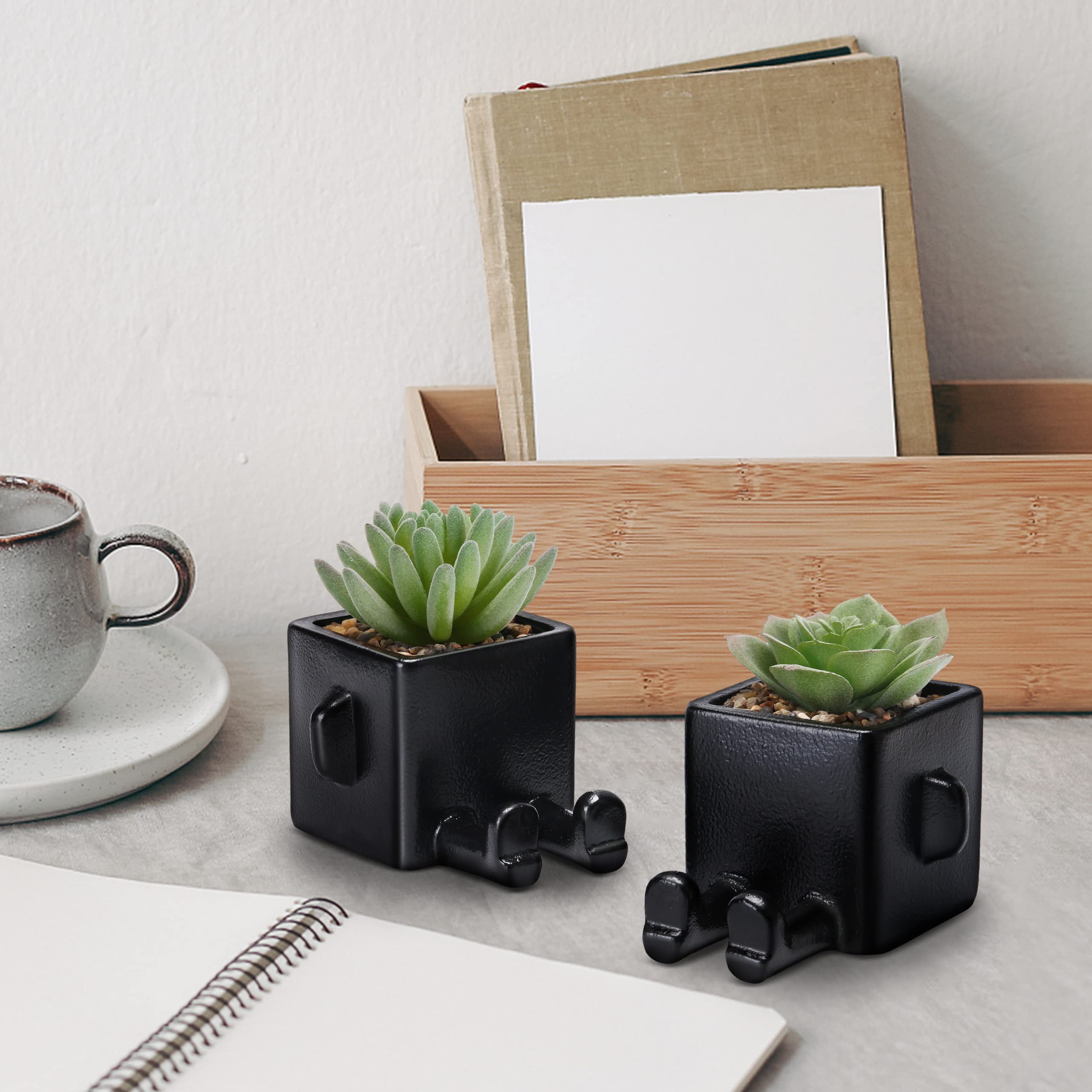 WOODWORD Desk Plant Fake Succulents in Black Modern Human Shaped Ceramic Pots Desk Decor for Office Plants Decor for Table Shelf Centerpieces, Cute Fake Plants Bathroom Decor 2pcs