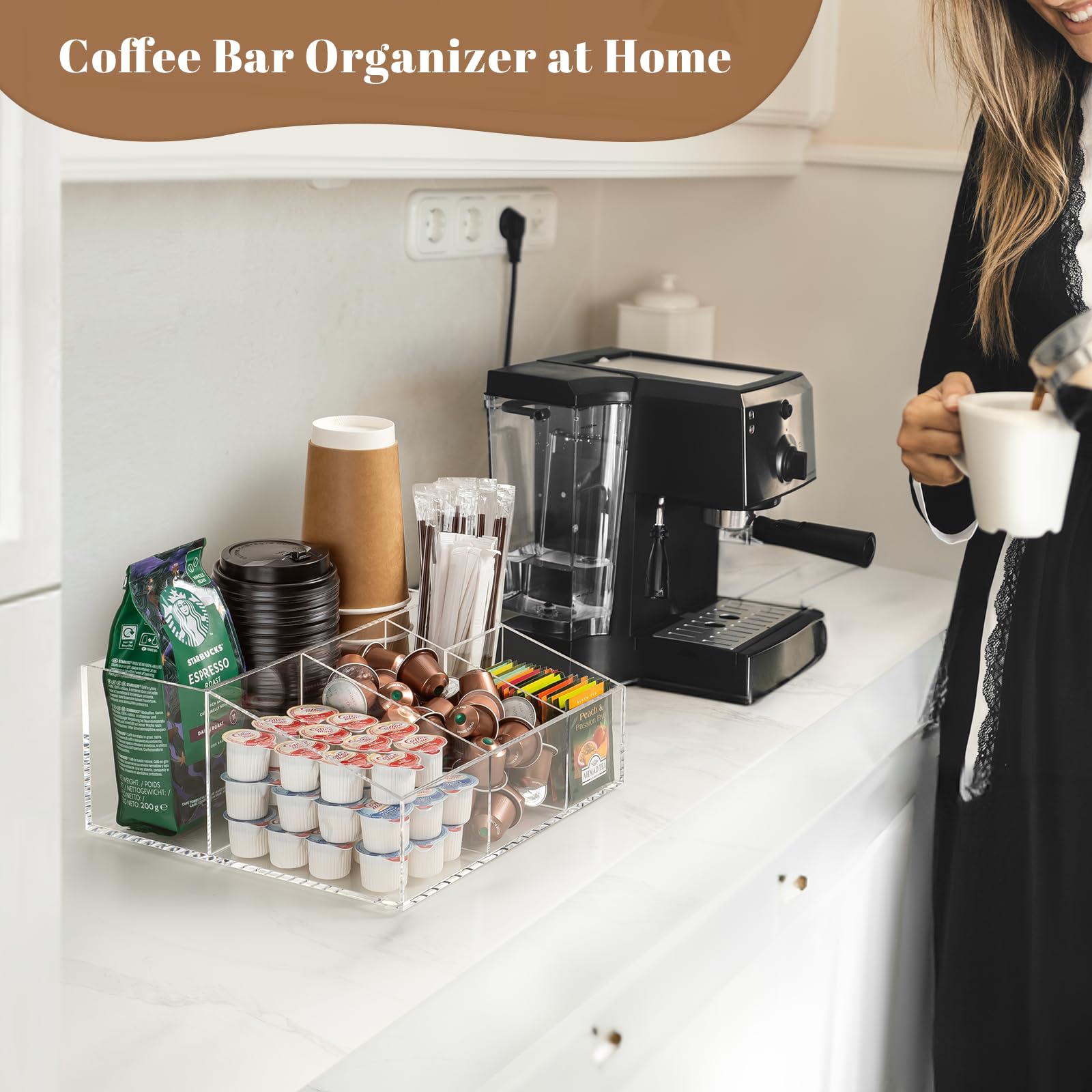 BEYGORM Acrylic Coffee Bar Station Organizer for Countertop,Office Breakroom Clear Snack Tea Storage Accessories Holder for Kcup Pod Condiment Cup Sugar Creamer Syrup, Coffee Gift for Coffee Lovers