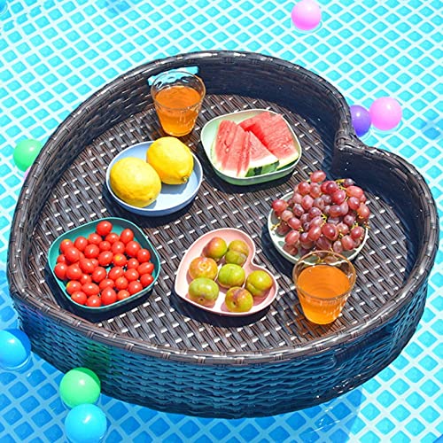 Creative Heart-Shaped Floating Pool Tray, Handmade Carefully Rattan Woven Serving Basket Table & Bar for Sandbars, Spas, Bath, and Parties, Serving Drinks, Brunch, Food on The Water