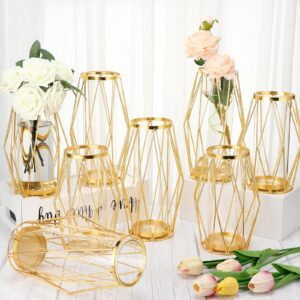 lallisa 8 pcs gold flower vase glass vase metal geometric vase geometric centerpiece with glass tall geometric candleholders for candle rose table wedding living room decorations, 9.45 inch, 7.87 inch