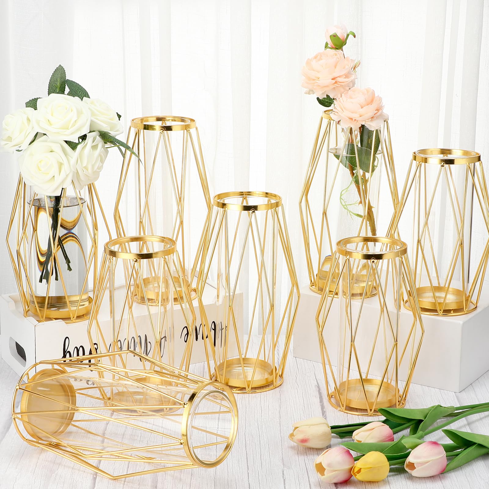 Lallisa 8 Pcs Gold Flower Vase Glass Vase Metal Geometric Vase Geometric Centerpiece with Glass Tall Geometric Candleholders for Candle Rose Table Wedding Living Room Decorations, 9.45 Inch, 7.87 Inch