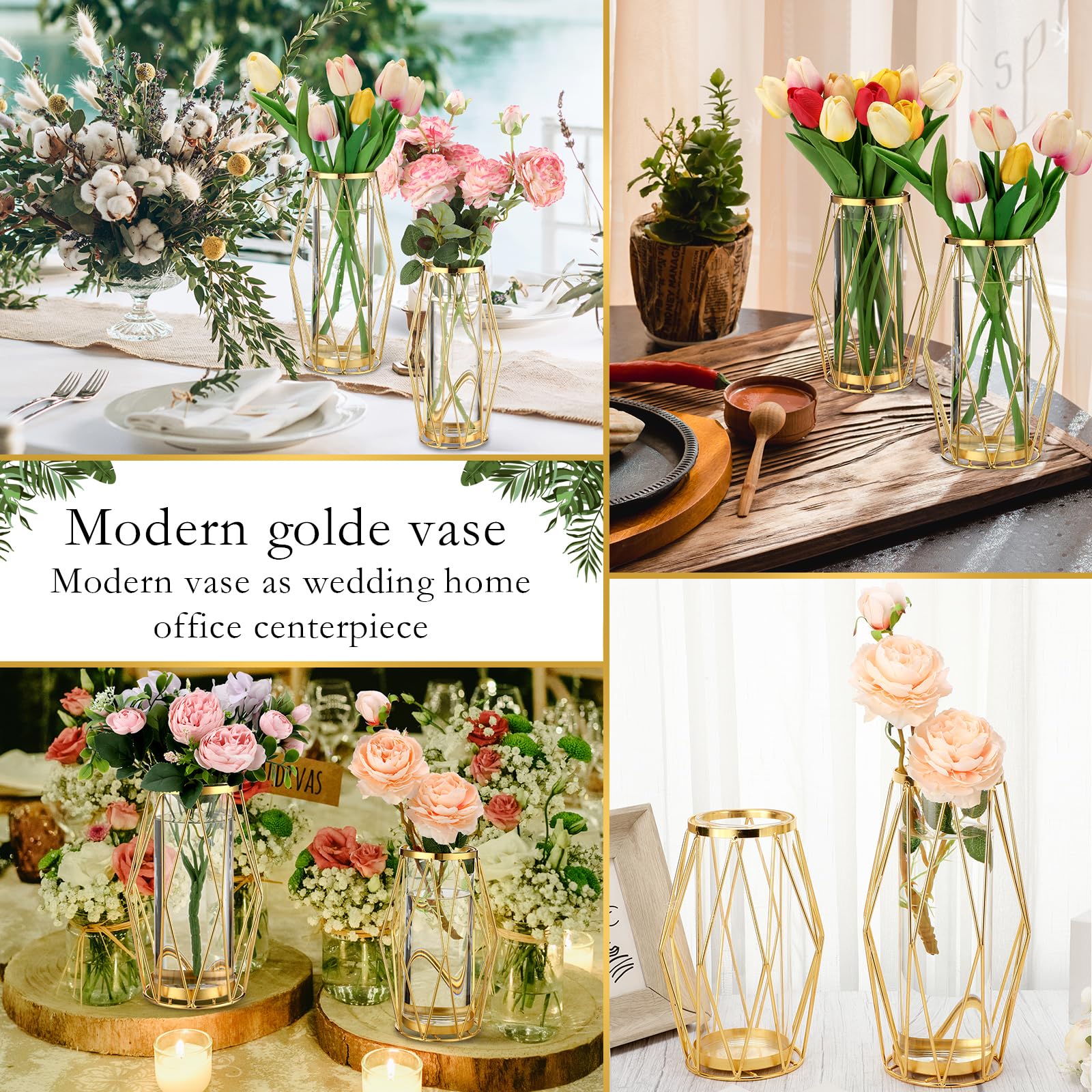 Lallisa 8 Pcs Gold Flower Vase Glass Vase Metal Geometric Vase Geometric Centerpiece with Glass Tall Geometric Candleholders for Candle Rose Table Wedding Living Room Decorations, 9.45 Inch, 7.87 Inch