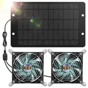 gulfmew solar powered waterproof fan kit, 10w solar panel with 2 pcs high speed exhaust fan, diy cooling system for chicken coop, small greenhouse, dog house, rv, shed, gable, attic