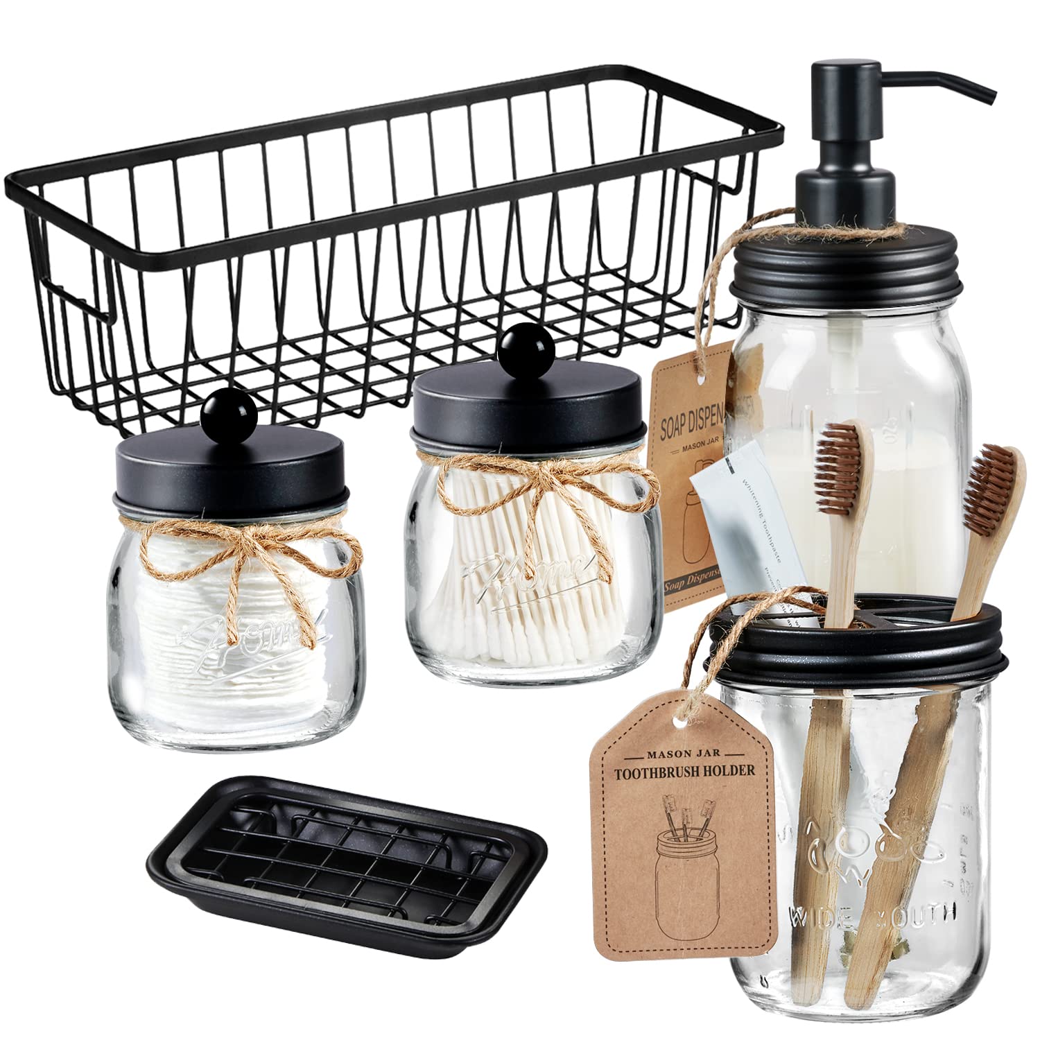 Black Premium Mason Jar Bathroom Accessories Set-Rustic Farmhouse Decor(6PCS)&12 Pack Qtip Dispenser Apothecary Jars Bathroom Set with Labels(15oz & 12oz)