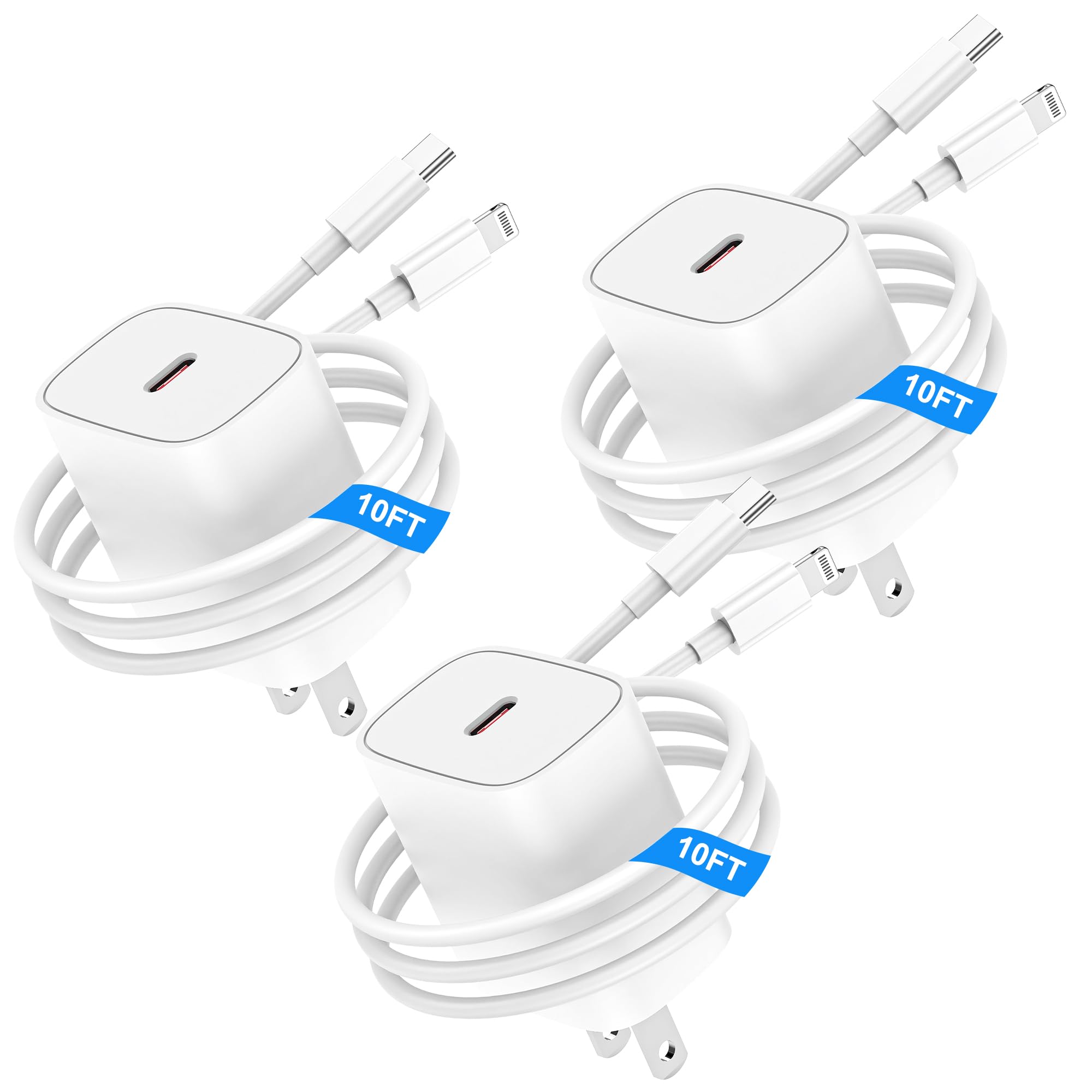 iPhone Charger Fast Charging 10ft 3-Pack USB C Wall Charger Adapter with Extra Long Type C to Lightning Cable for iPhone14/13/12/Pro/Pro Max/XS/X/SE