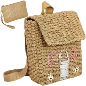 silkfly 2 pcs kids straw small backpack and straw clutch bag handbag backpack girls straw woven bag mini woven bag bohemian straw clutch bag cute little house straw backpack for kid girls